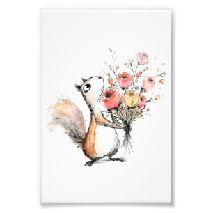 Schattig Eekhoorntje met Bloemenboeket Foto Afdruk
