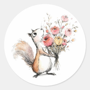 Schattig Eekhoorntje met Bloemenboeket Ronde Sticker