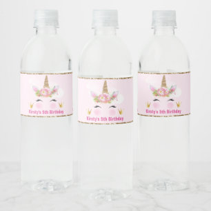 Schattig Eenhoorn Gezicht & Gouden Glitter Verjaar Waterfles Etiket