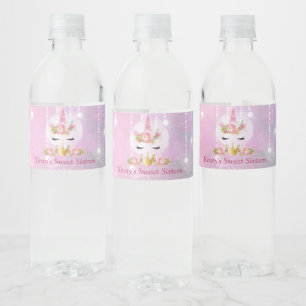 Schattig Eenhoorn Gezicht Roze Bloemen Sweet Sixte Waterfles Etiket
