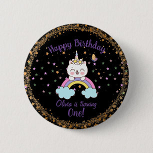 Schattig Eenhoorn Kat Regenboog Sterren Meisje 1e  Ronde Button 5,7 Cm