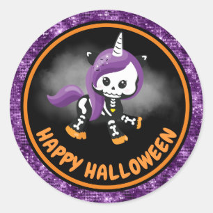 Schattig Eenhoorn Skelet & Paarse Glitters Hallowe Ronde Sticker