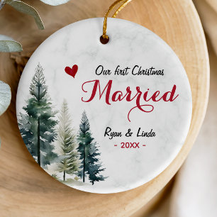 Schattig Eerste Getrouwde Kerstmis Rode Hart Keramisch Ornament