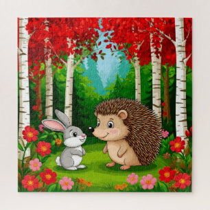 Schattig egeltje en konijn in een helder bos legpuzzel