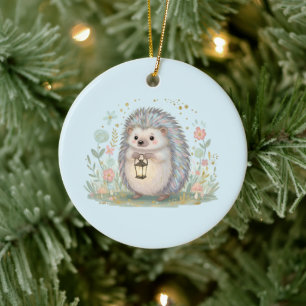 Schattig egeltje met lantaarn keramisch ornament