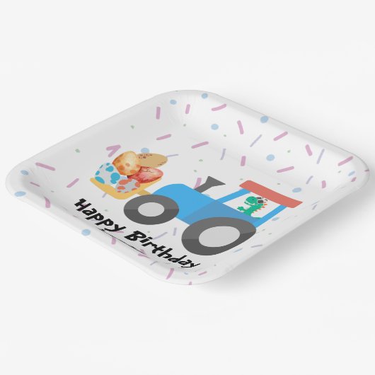 Schattig ei dinosaurus constructie vrachtwagen ver papieren bordje (Gebogen)