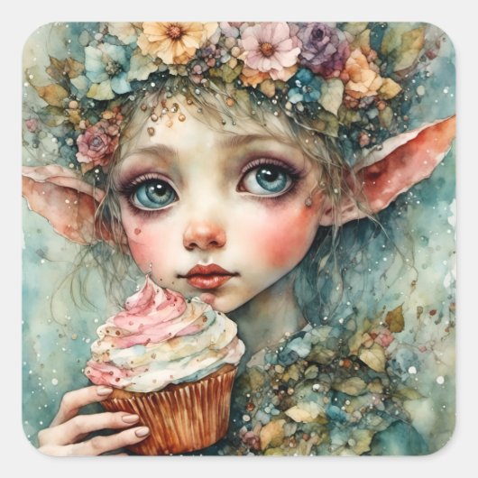 Schattig Elf Met Een Cupcake Vierkante Sticker (Voorkant)