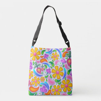 Schattig en kleurrijk geel en paars bloemmotief crossbody tas