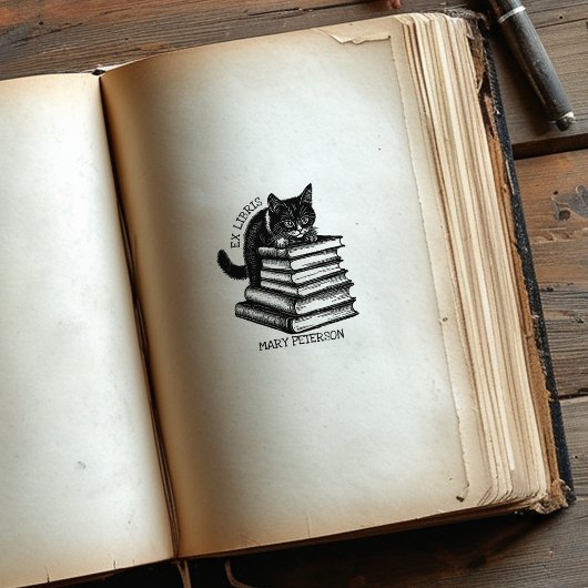 Schattig Ex Libris Kat, Oud Bibliotheekboek Rubberstempel