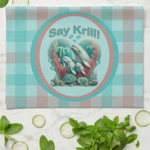 Schattig familieportret van de walvis "Say Krill" Theedoek