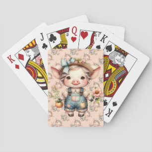 Schattig Farmcore Varken in Overall met Bloemen Pokerkaarten