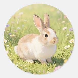 Schattig Fluffy Konijn Wilde Bloemenweide Ronde Sticker