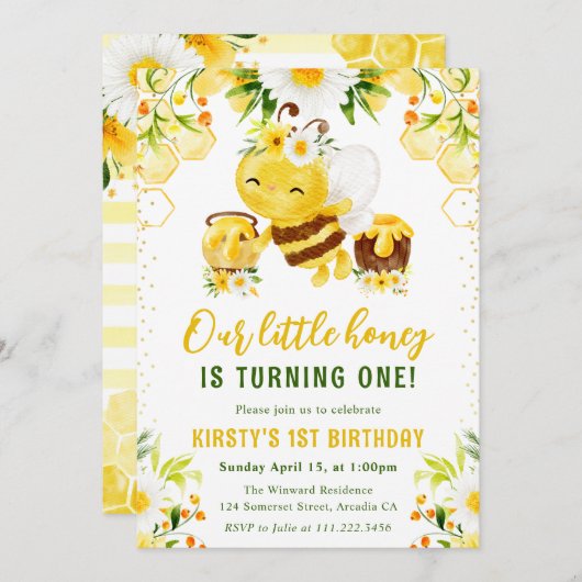 Schattig geel bloemige honing bij 1e verjaardag kaart (Voorkant / Achterkant)