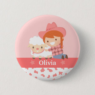Schattig gelukkig cowgirl met lam voor meisjes ronde button 5,7 cm