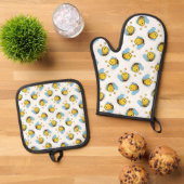 Schattig gelukkig hommel patroon wit ovenwant & pannenlap set (Top down)