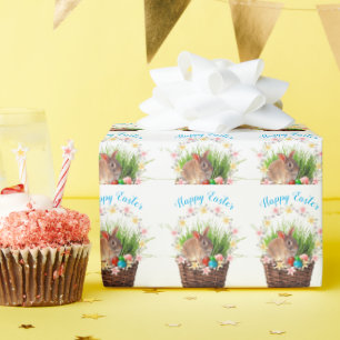 Schattig gelukkig Pasen konijn in mand vakantie  Cadeaupapier