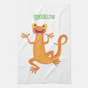 Schattig gelukkig sinaasappel dansen salamander theedoek