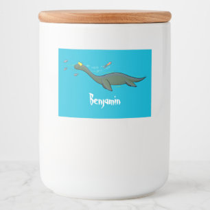 Schattig, gelukkig zeemonster plesiosaurus cartoon voedselcontainer etiket