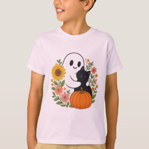 Schattig Ghost en Black Cat Herfst Schattige Hallo T-shirt