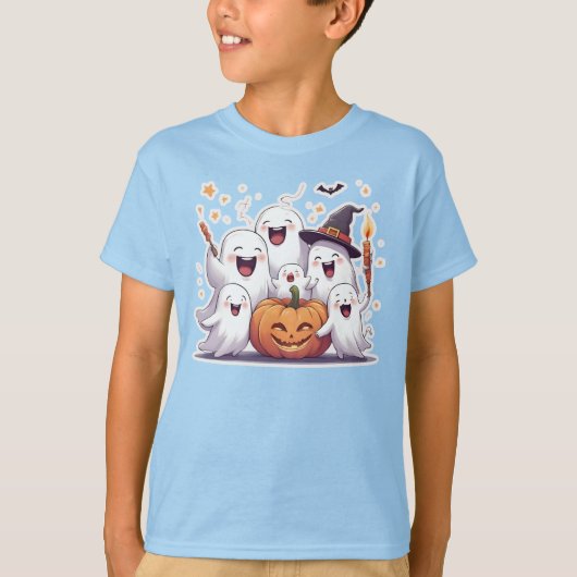 Schattig Ghosts & Pumpkin Kinder Halloween T-Shirt (Voorkant)
