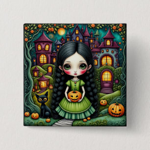 Schattig Goth meisje Pompoen Halloween Dorp Vierkante Button 5,1 Cm