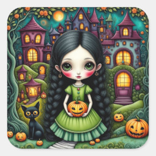 Schattig Gothisch Meisje Pompoen Halloween Dorp Vierkante Sticker