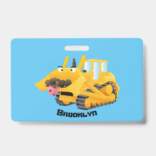 Schattig grappige gele bulldozer cartoon karakter badge