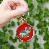 Schattig grijs kitten likken poot met kerst sleutelhanger (Hand)