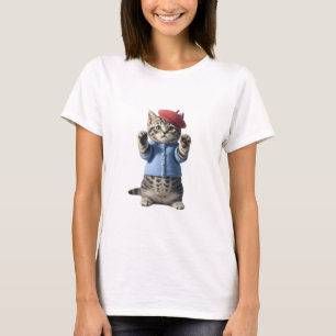 Schattig grijs tabby katje in blauwe trui t-shirt