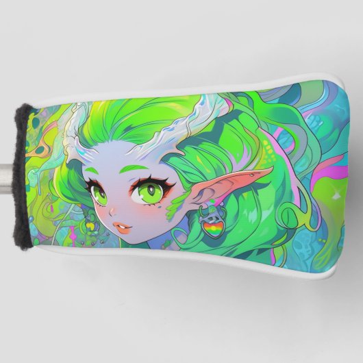 Schattig groen gehoornde hout elf anime meisje golfheadcover (Voorkant)