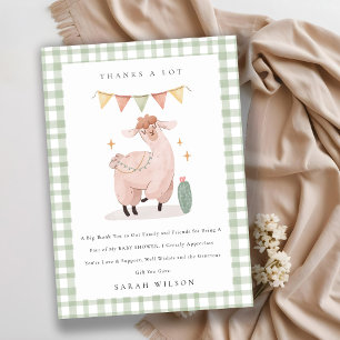 Schattig groen geruit cactus boho lama babyshower bedankkaart