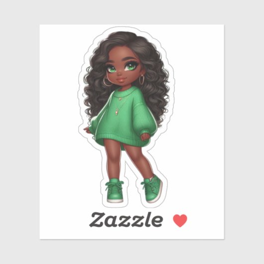 schattig groen zwart chibi meisje sticker (Vel)