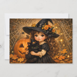 Schattig Halloween-heksemeisje met haar kat Feestdagenkaart