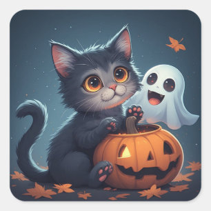 Schattig Halloween Kitten Met Geest En Pompoen 🎃 Vierkante Sticker