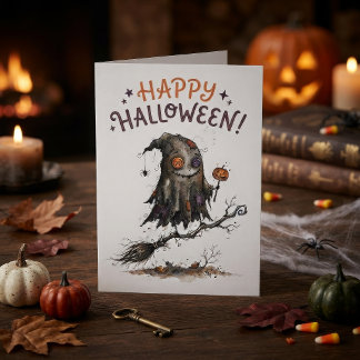 Schattig Halloween-monster op bezemsteel Kaart