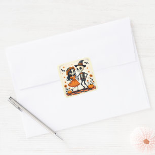 Schattig Halloween-skeletkoppel in oranje Vierkante Sticker