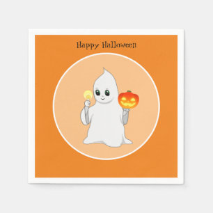 Schattig Halloween spook en pompoen op oranje Servet
