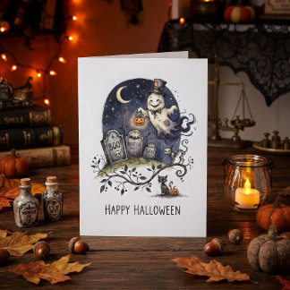 Schattig Halloween-spook in hoge hoed Kaart
