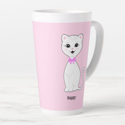 Schattig Happy White Kat op Lichtroze Latte Mok (Rechterhoek)