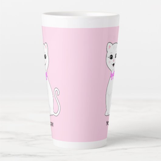 Schattig Happy White Kat op Lichtroze Latte Mok (Voorkant)
