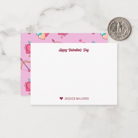 Schattig Hart Patroon Cupido Boog Pijl Valentijnsd Notitiekaartje (Voorkant / Achterkant in situ)
