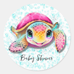 Schattig Heet Roze en Blauwgroen Turtle Girl Baby Ronde Sticker