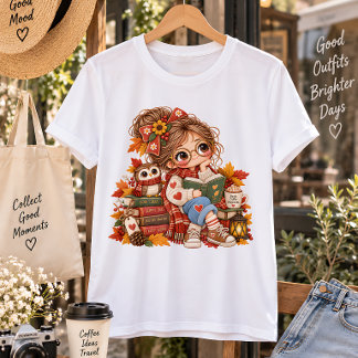 Schattig herfstmeisje leest boeken Gezellige herfs Grote Maat T-shirt