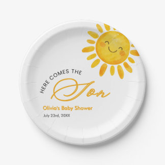 Schattig Hier Komt de Zon Baby Shower Papieren Bordje
