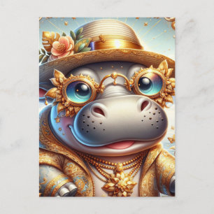 Schattig Hippo in Gold Bling Briefkaart