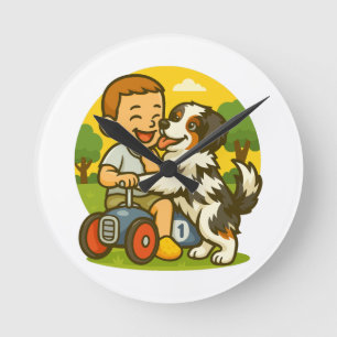 Schattig Hondje en Kind Speeltijd Ronde Klok