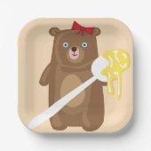 Schattig Honing Beer met lepel en rode strik Papieren Bordje (Voorkant)