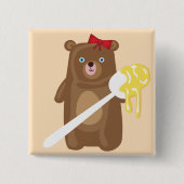 Schattig Honing Beer met lepel en rode strik Vierkante Button 5,1 Cm (Voorkant)