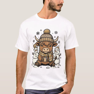 Schattig hooglandkalf sneeuwman winter T-shirt ont