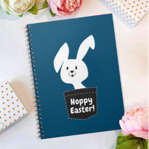 Schattig Hoppy Pasen Navy Blauwe Witte Konijn Cart Notitieboek